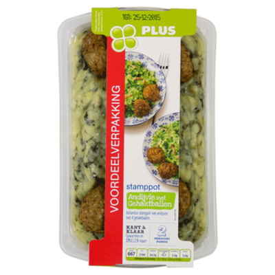 PLUS Stamppot andijvie spekjes 4x gehaktbal