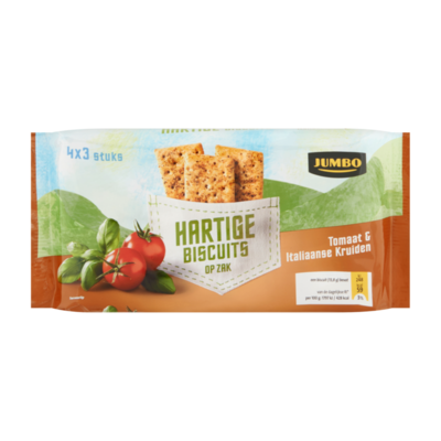 Huismerk Hartige Biscuits op Zak Tomaat & Italiaanse Kruiden 4 x 3 Stuks