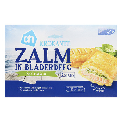 Huismerk Krokante zalm in bladerdeeg spinazie