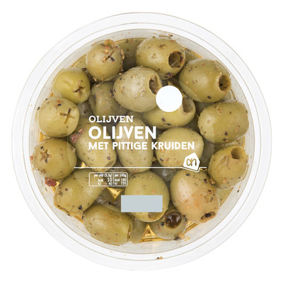 Huismerk Groene olijven met pittige kruiden