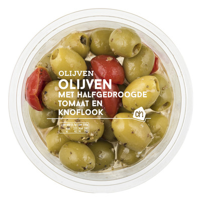 Huismerk Groene olijven met gedroogde tomaat