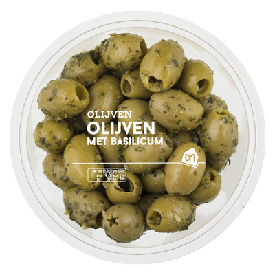 Huismerk Groene olijven met basilicum