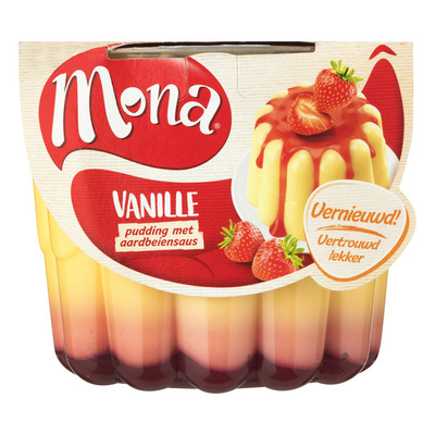 Mona Vanillepudding met aardbeiensaus