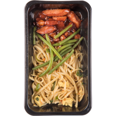 Mealmasters Gerookt buikspek zoet zure saus met bami goreng