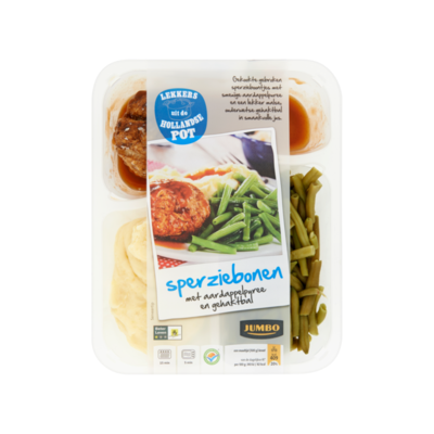 Huismerk Sperziebonen met Aardappelpuree en Gehaktbal