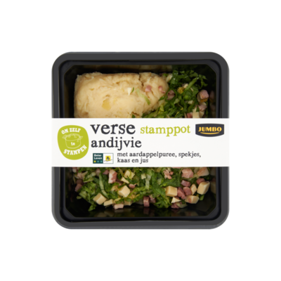 Huismerk Verse Andijvie Stamppot met Aardappelpuree, Spekjes, Kaas en Jus