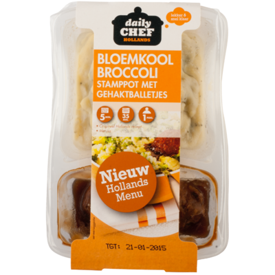 Huismerk Bloemkool broccoli stamppot met gehakt balletjes