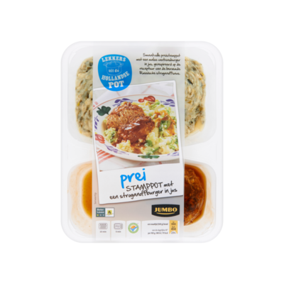 Huismerk Prei Stamppot Met een Stroganoffburger in Jus