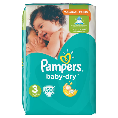 Pampers Baby-Dry Maat 3, 50 Luiers, Vertrouwde Droogheid