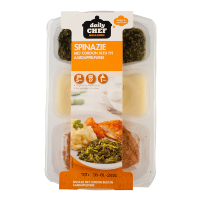 Huismerk Cordon bleu met bladspinazie en aardappelpuree