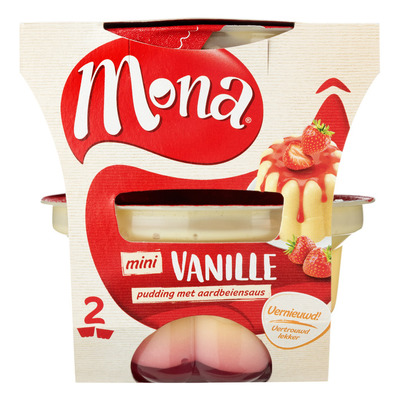 Mona Pudding vanille met aardbeiensaus duo
