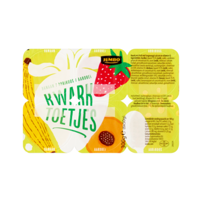 Huismerk Kwark Toetjes Banaan, Abrikoos, Aardbei