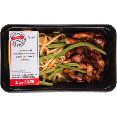 Mealmasters Geroosterd buikspek zoetzure saus met bami goreng