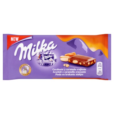 Milka pinda en krokante stukjes chocolade reep 90 gram
