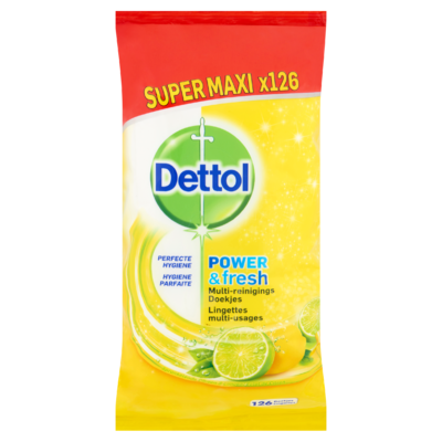 Dettol Power & Fresh Multi-Reinigings Doekjes Sprankelende Citroen & Limoen Super Maxi x126 Stuks