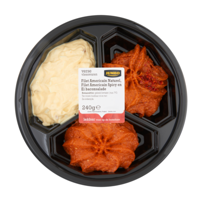 Huismerk Filet Americain Naturel, Spicy en Ei Baconsalade