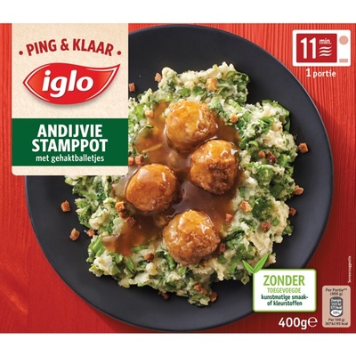 Iglo Ping & klaar andijvie stamppot met gehaktballetjes