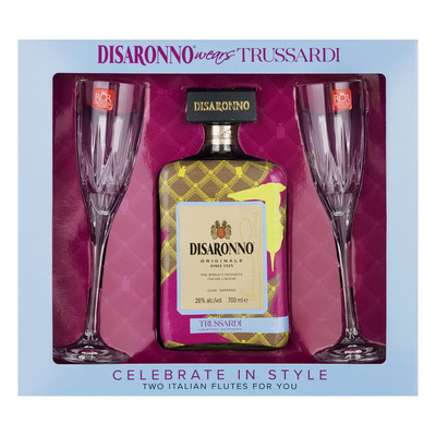 Disaronno Trussardi met flute glazen