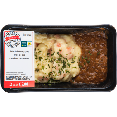 Mealmasters Wortelstamppot ui en runderstoof