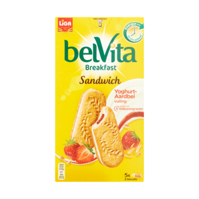 LiGa BelVita Sandwich Yoghurt Aardbei Volkoren Ontbijt Biscuit 5 x 2 Biscuits